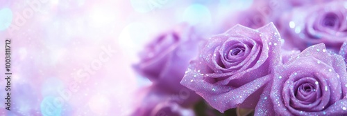 Close-up of purple roses covered in glitter, the background is blue and pink with glowing lights, creating a dreamy scene.