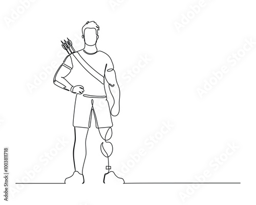 Continuous line drawing of a determined archer with a prosthetic leg, standing with confident and pride,  Perfect for sport event campaigns and promotions