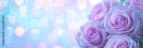 Close-up of purple roses covered in glitter, the background is blue and pink with glowing lights, creating a dreamy scene.
