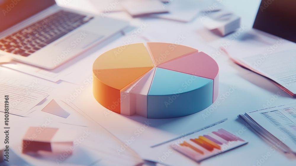 Colorful Pie Chart on Office Desk with Papers Colorful Pie Chart on Office Desk with Papers