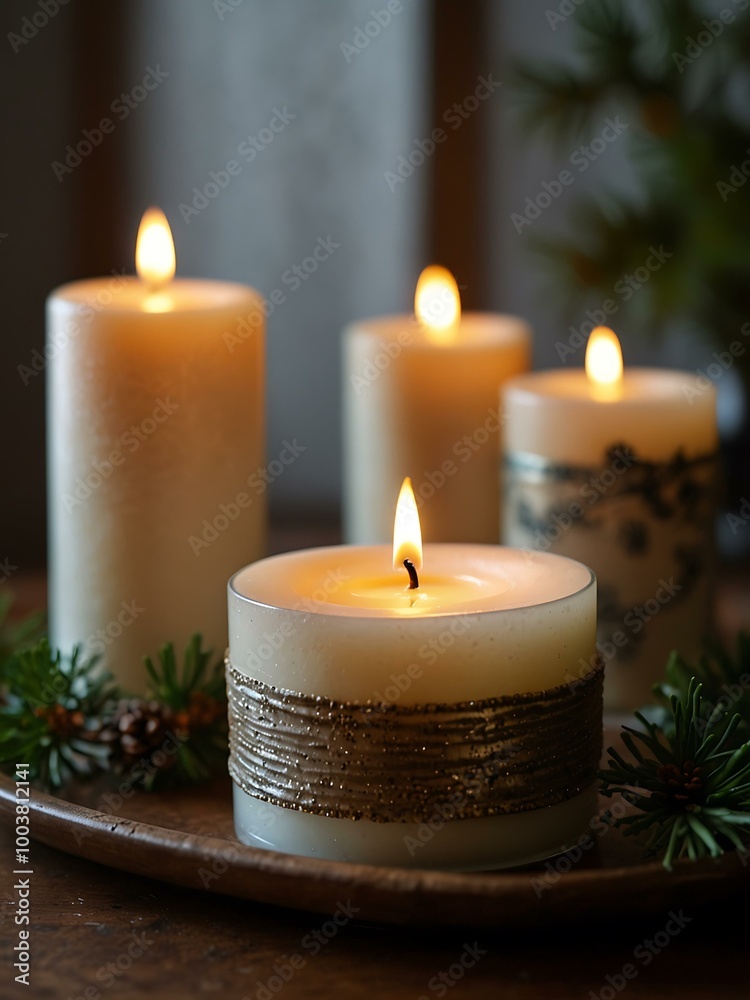 Candles adding a festive Christmas and New Year vibe to the decor. Candles adding a festive Christmas and New Year vibe to the decor.