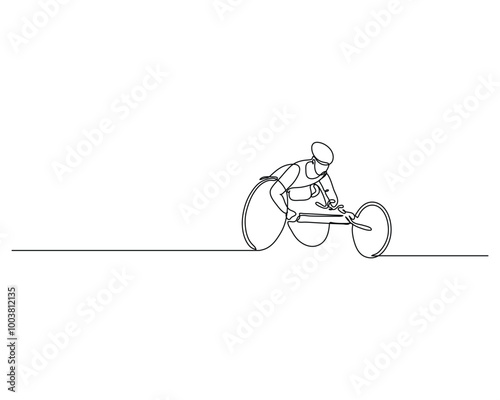 Single line drawing of a determined athlete in a wheelchair, showcasing their strength and determination as they race forward. The image symbolizes the power of sports to unite and inspire