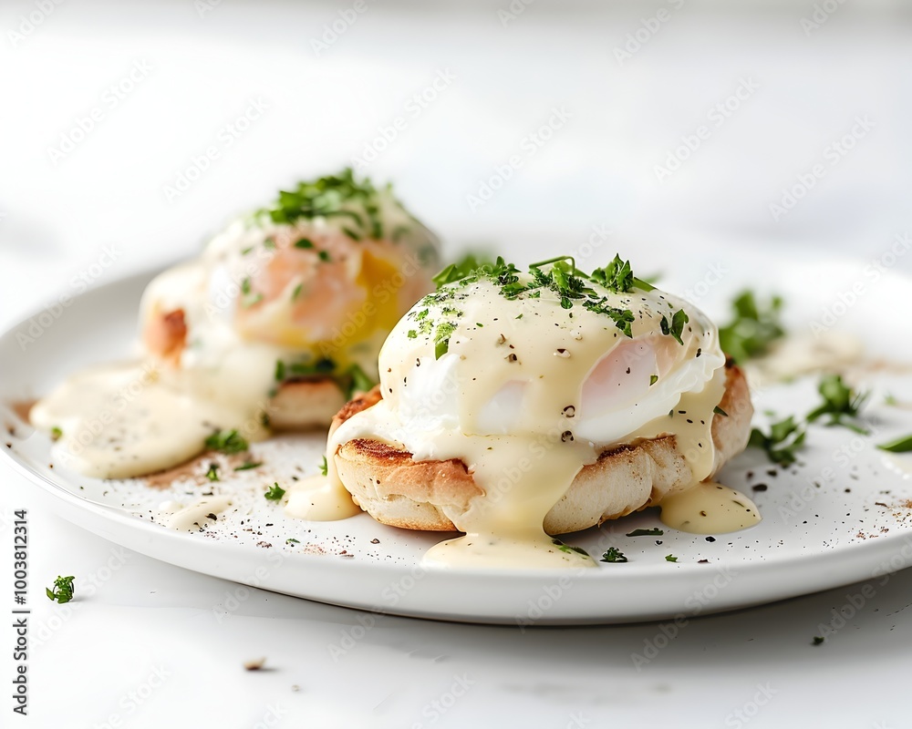 Elegant Classic Eggs Benedict with Creamy Hollandaise Sauce Beautifully Plated on White Background Elegant Classic Eggs Benedict with Creamy Hollandaise Sauce Beautifully Plated on White Background
