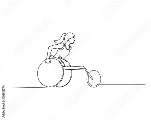 Single line drawing of a determined female wheelchair racer, showcasing her strength and determination as she pushes forward. Symbolizes the power of sports to unite and inspire