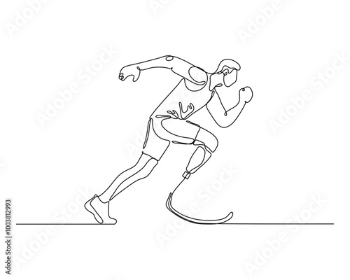 Continuous single line drawing of a determined athlete with prosthetic legs, running with passion and speed. Symbolizes resilience, overcoming adversity, and the power of sports to inspire.