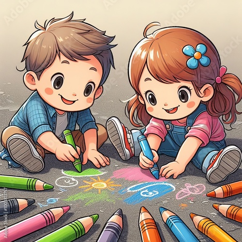 Two cheerful children, a boy and a girl, drawing colorful pictures on the ground with crayons