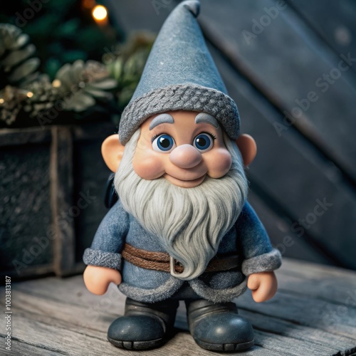 A cheerful garden gnome with a blue hat and bright blue eyes stands smiling