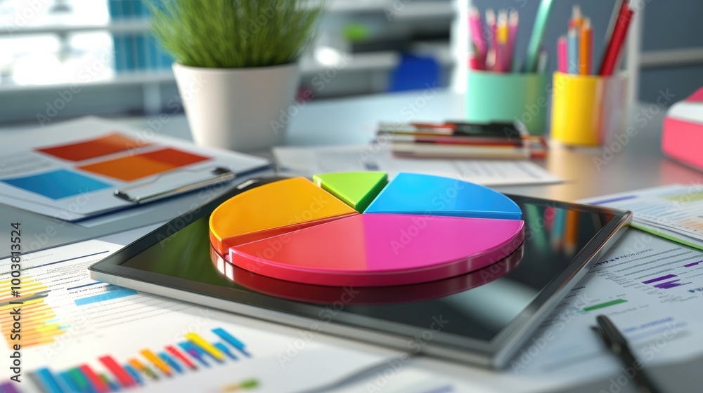 Colorful Pie Chart on Desk with Office Supplies Colorful Pie Chart on Desk with Office Supplies