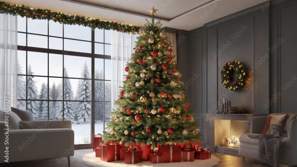 Cozy Christmas Living Room with Decorated Tree Cozy Christmas Living Room with Decorated Tree