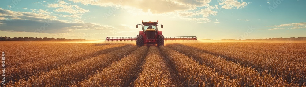 Fototapeta premium Modern Agricultural Tractor Harvesting Wheat in a Golden Field at Sunset with Dramatic Sky