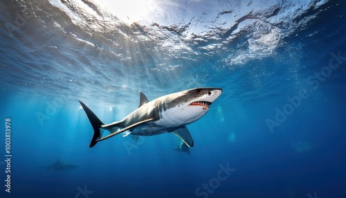 Great white shark who looks like Bruce from Finding Nemo movie in the blue Pacific Ocean 