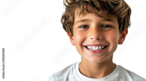 A closeup photo portrait of a charming young boy smilling