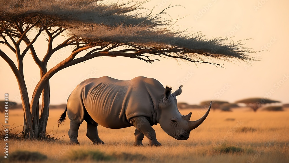 Fototapeta premium This captivating image showcases a solitary rhinoceros grazing near a picturesque backdrop of distant acacia trees. The majestic rhino stands tall.