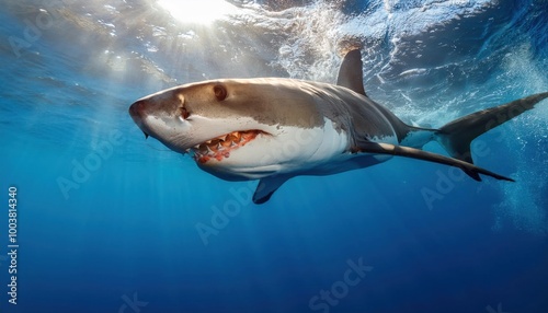 Great white shark who looks like Bruce from Finding Nemo movie in the blue Pacific Ocean 