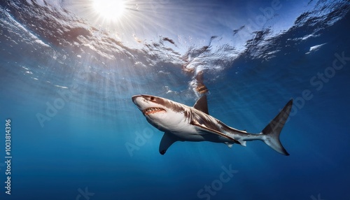 Great white shark who looks like Bruce from Finding Nemo movie in the blue Pacific Ocean 