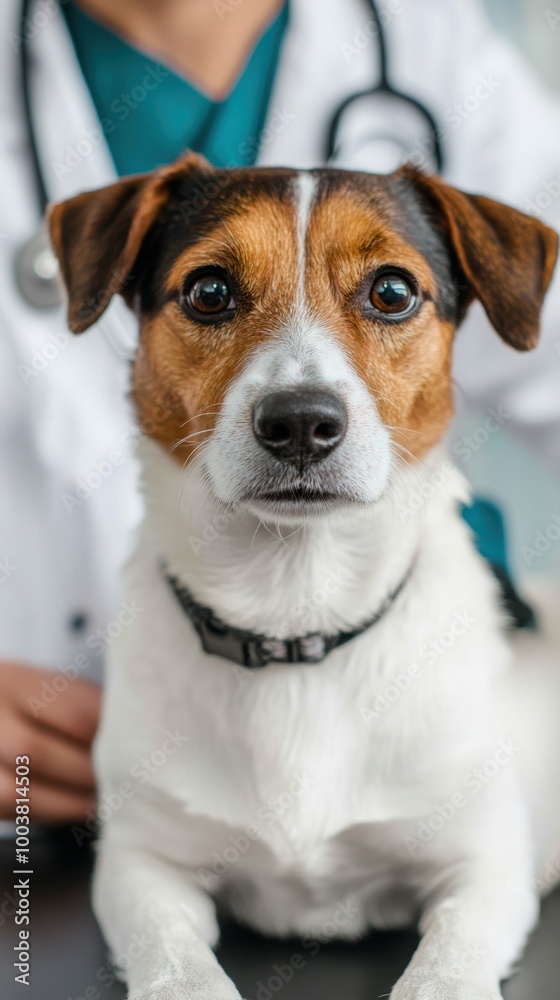 A close-up of a dog at a veterinarian's office showcasing its curious expression and caring surroundings.