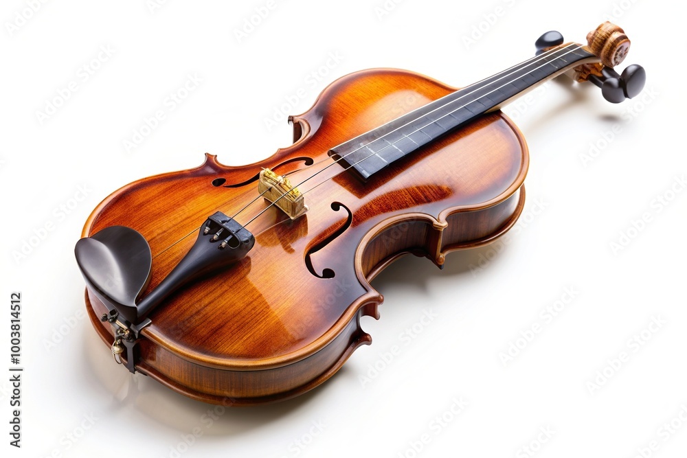 Elegant classical violin made of fine craftsmanship showcasing detailed wood grain on a white background at eye level, instrument, excellence, fine craftsmanship, white background Elegant classical violin made of fine craftsmanship showcasing detailed wood grain on a white background at eye level, instrument, excellence, fine craftsmanship, white background