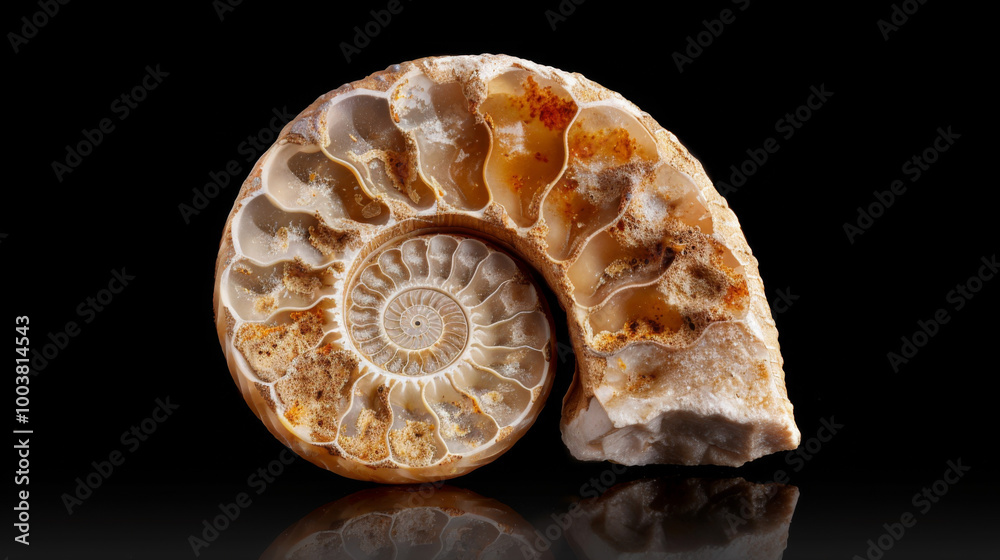 Ultra-detailed image of a fossilized ammonite, spiral chambers Ultra-detailed image of a fossilized ammonite, spiral chambers