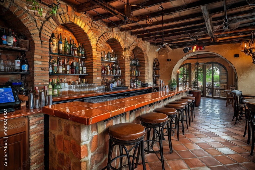 Medieval style wine bar with stone walls, wooden beam ceiling, metal bar stools and vintage lamps Medieval style wine bar with stone walls, wooden beam ceiling, metal bar stools and vintage lamps