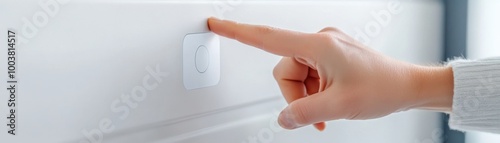 A close-up of a hand pressing a modern white smart home button on a wall, showcasing convenience and technology.