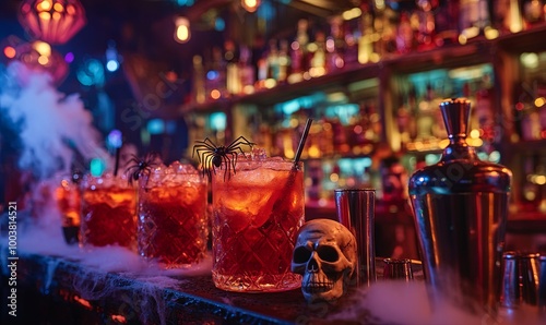 A spooky Halloween bar setup, where a range of creatively themed drinks is displayed on the counter