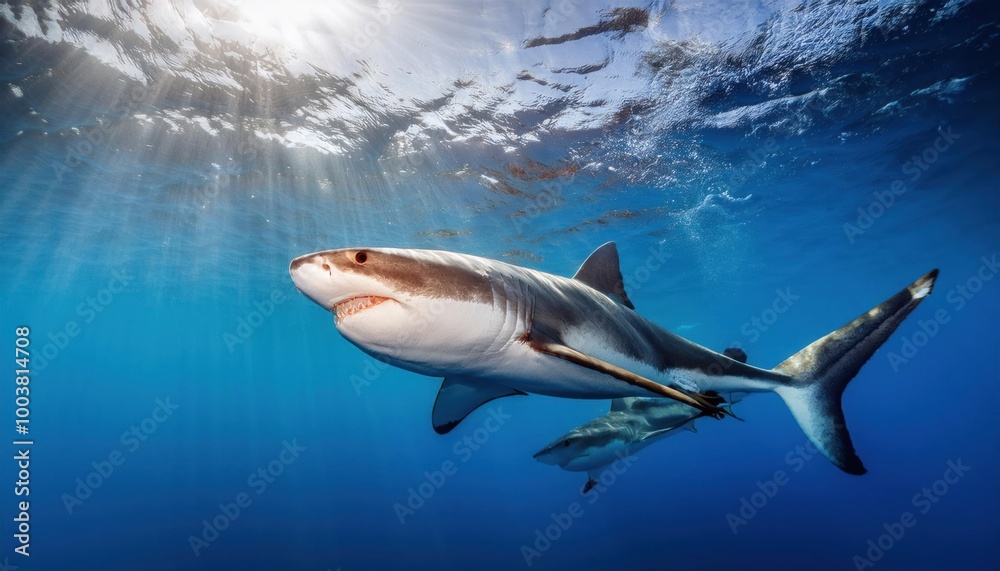 Fototapeta premium Great white shark who looks like Bruce from Finding Nemo movie in the blue Pacific Ocean 