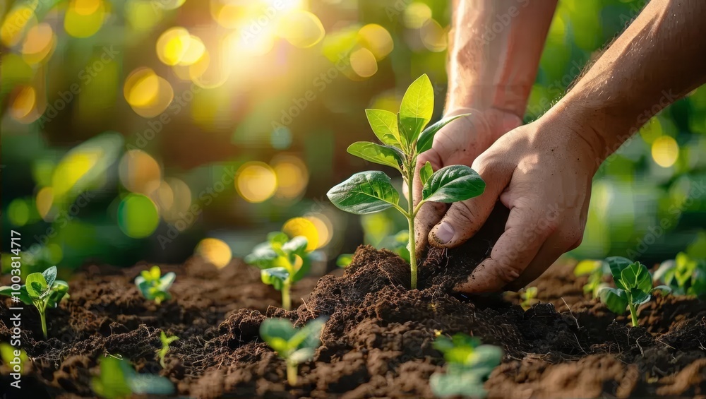 Hands Planting Seedling in Vibrant Garden Setting Hands Planting Seedling in Vibrant Garden Setting