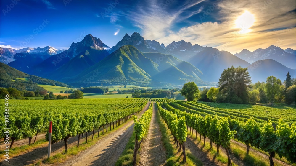 Fototapeta premium Beneath a clear blue sky, lush vineyards flourish, framed by majestic mountains, crafting an idyllic landscape that