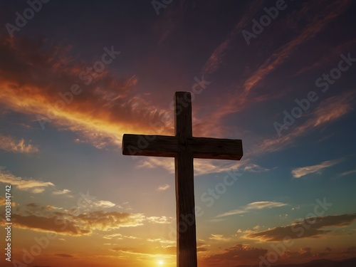 Christian cross on a sunset background, symbolizing hope and spirituality.