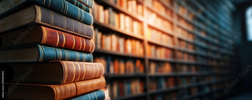 A close-up view of stacked books in a library setting, showcasing warm lighting and rich textures of book covers. A close-up view of stacked books in a library setting, showcasing warm lighting and rich textures of book covers.