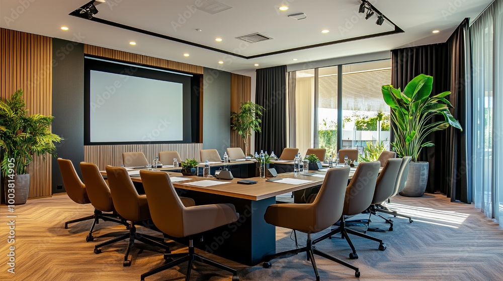 Fototapeta premium A large conference room with a projector screen and a large table