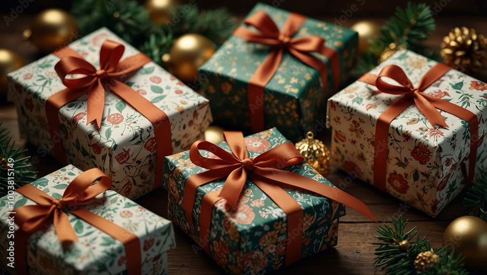 Christmas Gift Boxes Wrapped in Festive Paper. Christmas Gift Boxes Wrapped in Festive Paper.