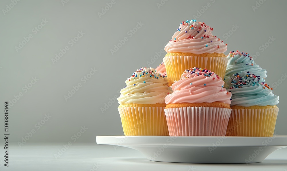 A whimsical image of a stack of colorful cupcakes with frosting and sprinkles A whimsical image of a stack of colorful cupcakes with frosting and sprinkles