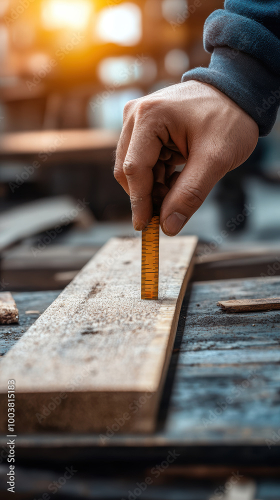 A craftsman measuring a wooden plank with a ruler during woodworking in a workshop. A craftsman measuring a wooden plank with a ruler during woodworking in a workshop.