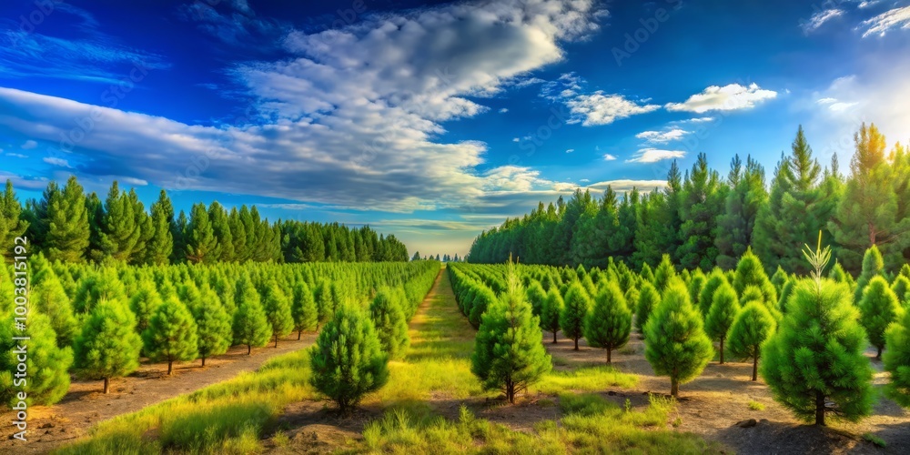 Beneath a clear blue sky, vibrant pine tree plantations flourish, highlighting nature's breathtaking beauty and the Beneath a clear blue sky, vibrant pine tree plantations flourish, highlighting nature's breathtaking beauty and the