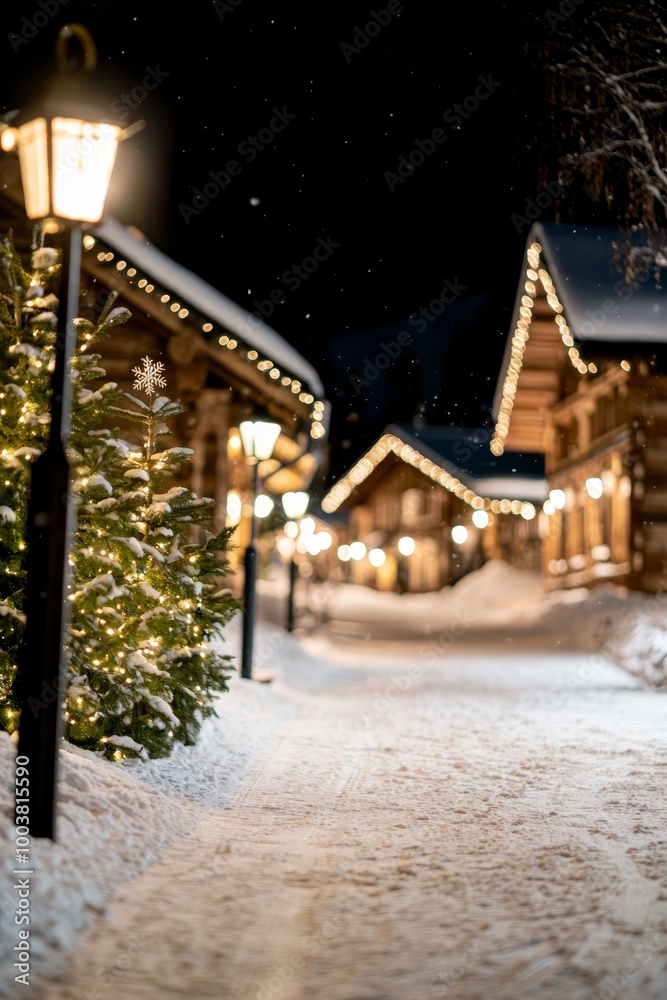 A snow-covered street features a lit Christmas tree before a line of wooden cabins, all dusted with snow A snow-covered street features a lit Christmas tree before a line of wooden cabins, all dusted with snow