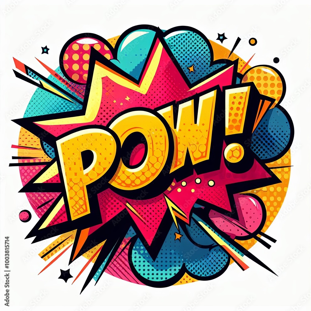 Fototapeta premium Comic speech bubble POW with colorful explosion and dynamic effects, isolated on white background. Pop art illustration for poster, banner, or graphic design