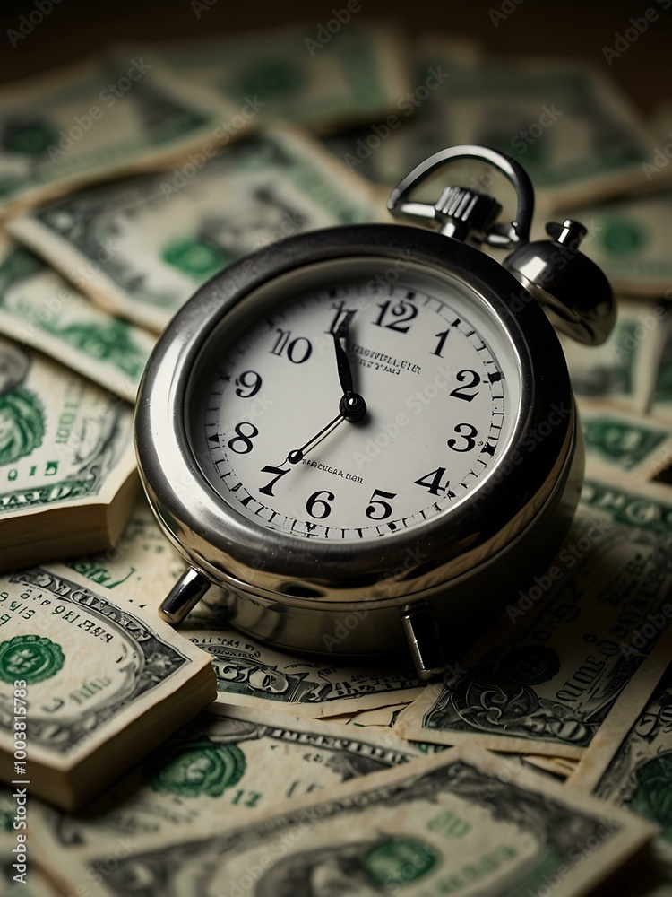 Clock atop dollar bills, symbolizing financial instability. Clock atop dollar bills, symbolizing financial instability.