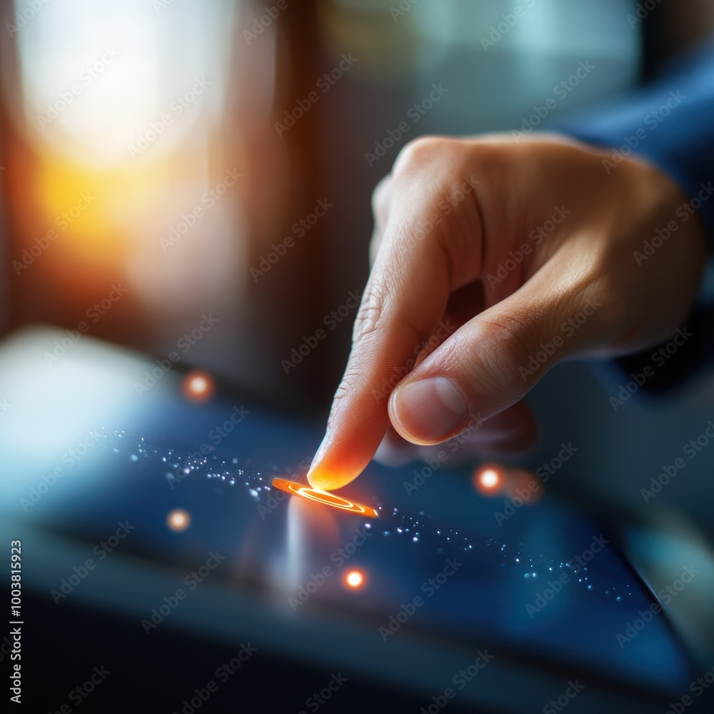 A hand interacting with a digital screen, highlighting innovative technology in action. A hand interacting with a digital screen, highlighting innovative technology in action.