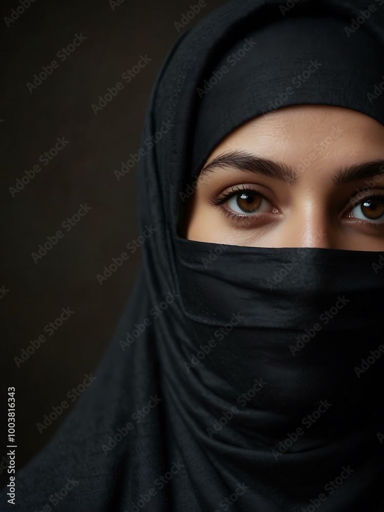 Close-up of a Muslim woman in a black hijab on a dark background. Close-up of a Muslim woman in a black hijab on a dark background.