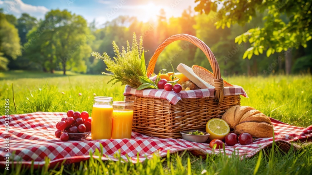Beneath the sun, a vibrant red checkered blanket hosts a delightful picnic basket, brimming with snacks and refreshing Beneath the sun, a vibrant red checkered blanket hosts a delightful picnic basket, brimming with snacks and refreshing