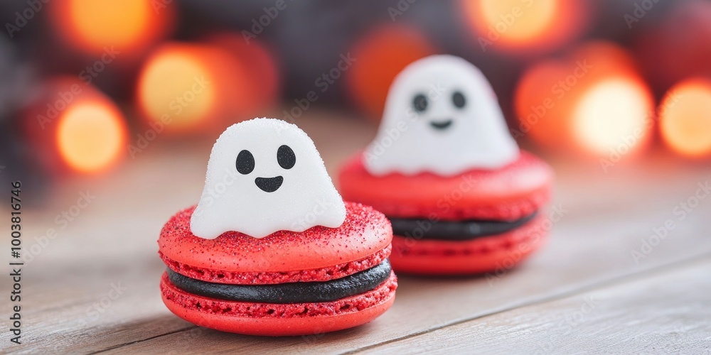 Naklejka premium Black and red macarons with ghost-shaped, glittering frosting - a cute Halloween-themed treat for a children's party.