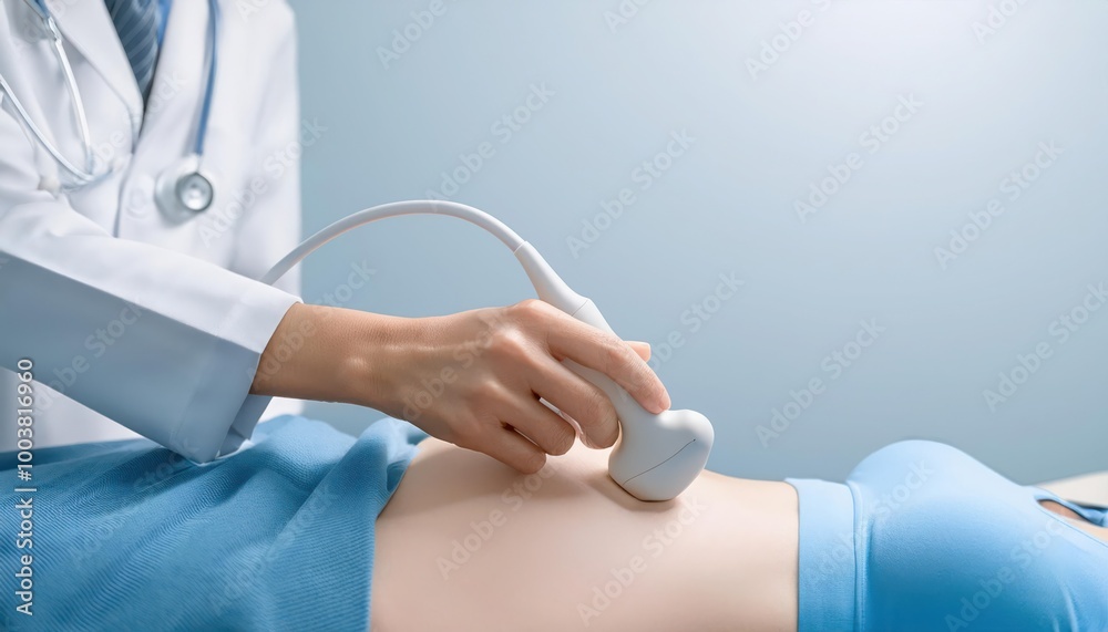 Doctor performing an ultrasound scan on a patient. Doctor performing an ultrasound scan on a patient.