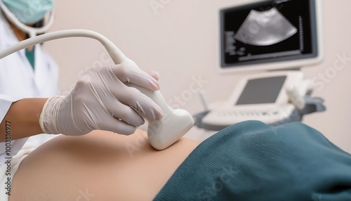 Doctor performing ultrasound scan on a pregnant woman.