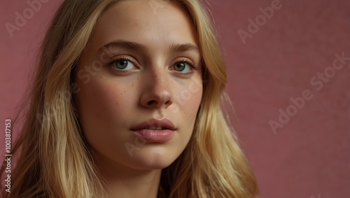 Close-up of a woman with long blonde hair against a pink background.