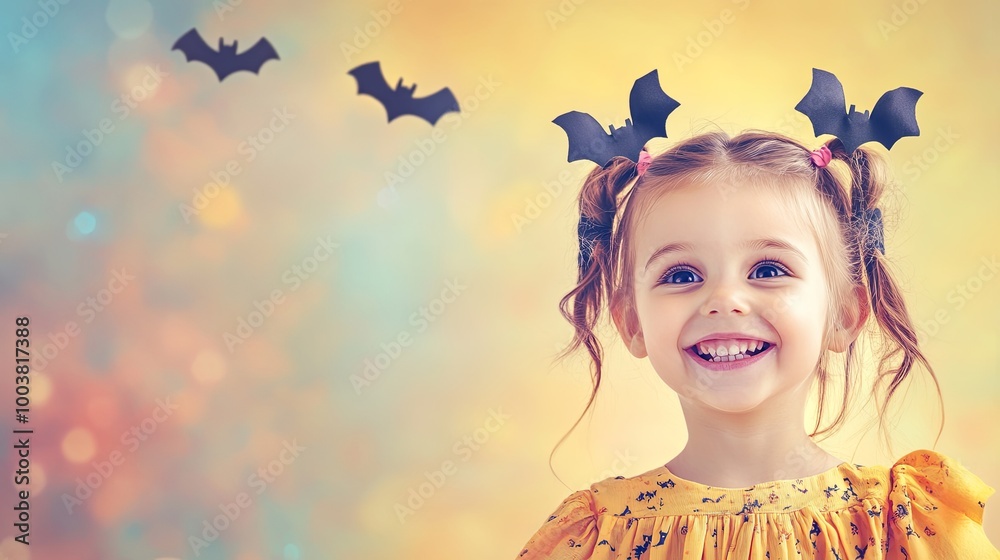 A colorful banner featuring a cheerful child with playful fabric pigtails adorned with cute bat decorations. A colorful banner featuring a cheerful child with playful fabric pigtails adorned with cute bat decorations.