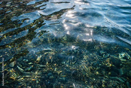 Obraz na płótnie Underwater pebble backgrounds. Colorful stones sea bottom and sea fish in the sun rays. View from above through clear water. Seascape wallpaper texture. w salonie