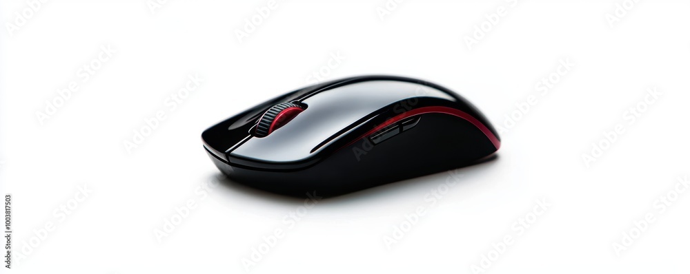 A sleek black wireless computer mouse with red accents on a white isolated background. A sleek black wireless computer mouse with red accents on a white isolated background.