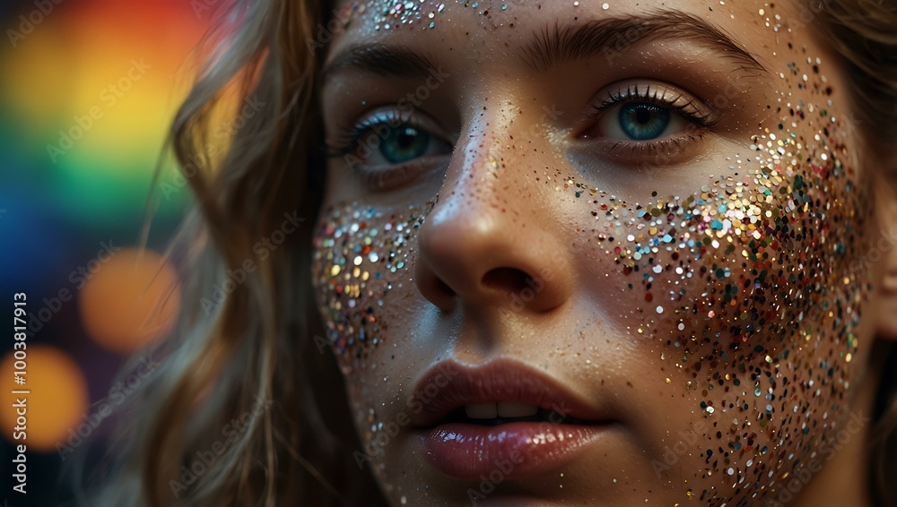 Close-up of a woman’s face covered in multicolored glitter and light. Close-up of a woman’s face covered in multicolored glitter and light.