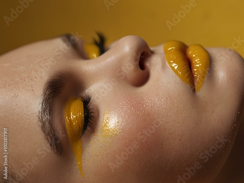 Close-up of a woman with yellow makeup and glossy lips. photo